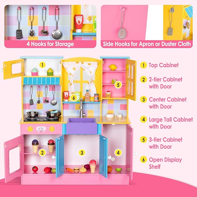 Kids Kitchen Playset, Wooden Pretend Play Kitchen for Kids w/Faucet, Sink, Stove, Oven, Curtains, Cookware, Storage Cabinets, Toddler Role Play Toy Kitchen Set Gift for Girls Boys Ages 3+