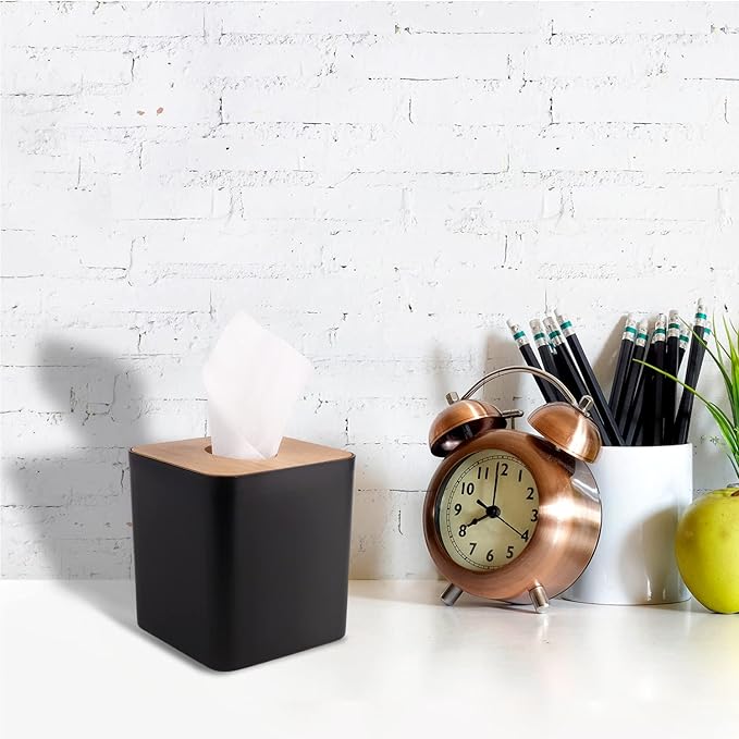 MOCHTERO Tissue Box Cover,Tissue Holders,Tissue Box Holder for Bathrooms,Bamboo Cover Plate,Home and Office,5 * 5 * 5.4in (Black)