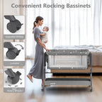 3 in 1 Baby Bassinet, Rocking Bassinet Bedside Sleeper with Comfy Mattress and Breathable Mesh, 6 Height Adjustable & Upgraded Wheels Portable Bedside Crib for Newborn