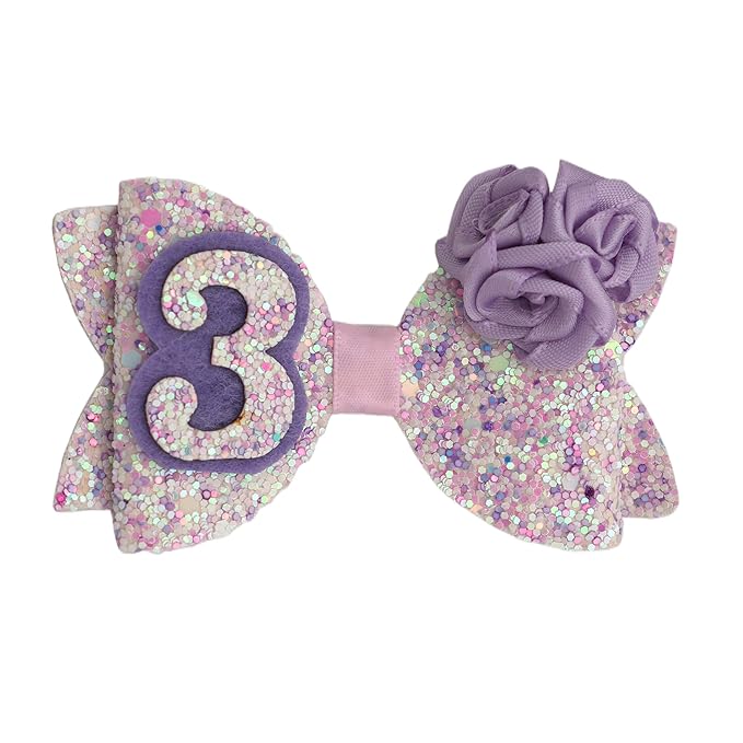 Birthday Hair Bow for Baby Girls 1 2 3 4 5 6 Years Sprinkle Decorations Party Hair Accessories for Three 3rd Birthday Purple Rose