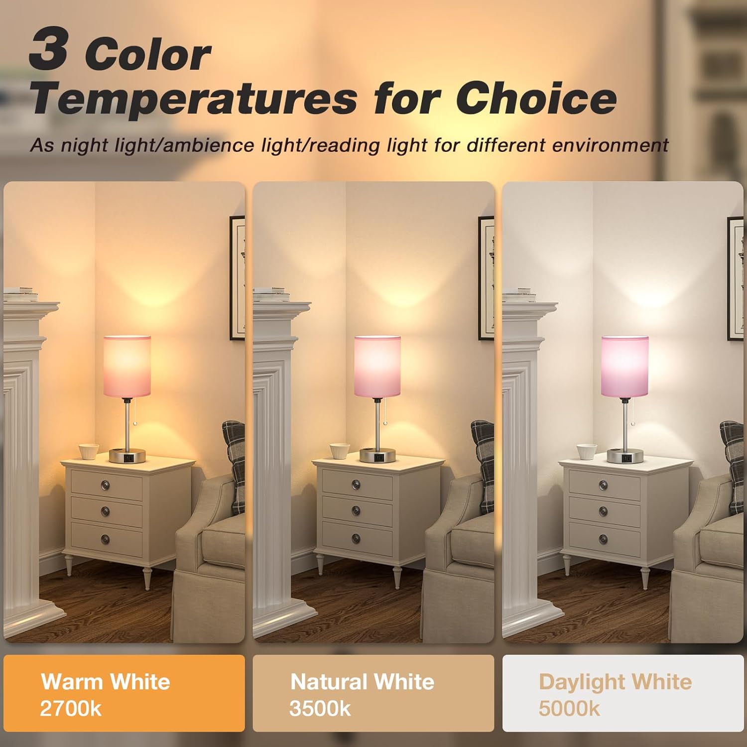 Pink Bedroom Lamp for Bedside - 3 Color Temperatures Desk Lamp with USB C and A Ports, Pull Chain Table Lamp with AC Outlet, Nightstand Lamp with Silver Metal Base for Kids Girls