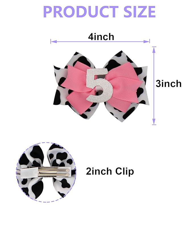 Birthday Hair Bow for Baby Girls 1 2 3 4 5 6 Years Sprinkle Decorations Party Hair Accessories for Five 5th Birthday Cow Print Cowgirl