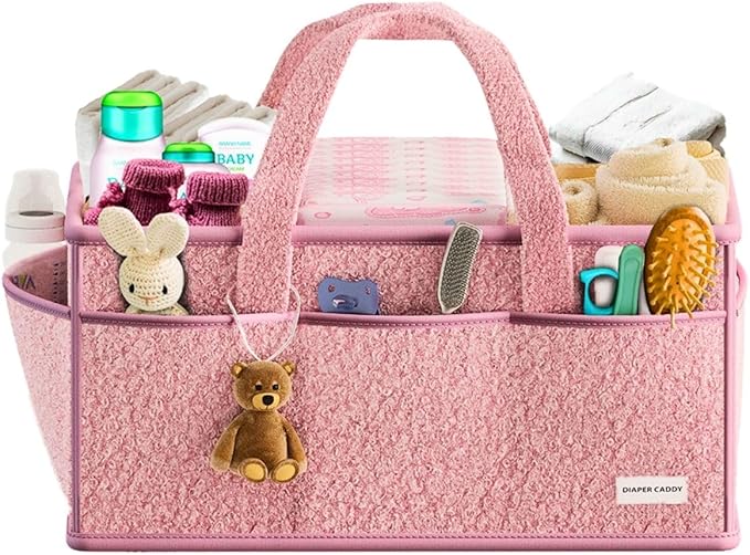 Large Diaper Caddy Organizer with Dividers - Baby Basket for Nursery and Changing Table - Portable Storage with Strong Handles for Diapers, Wipes and Newborn Essentials