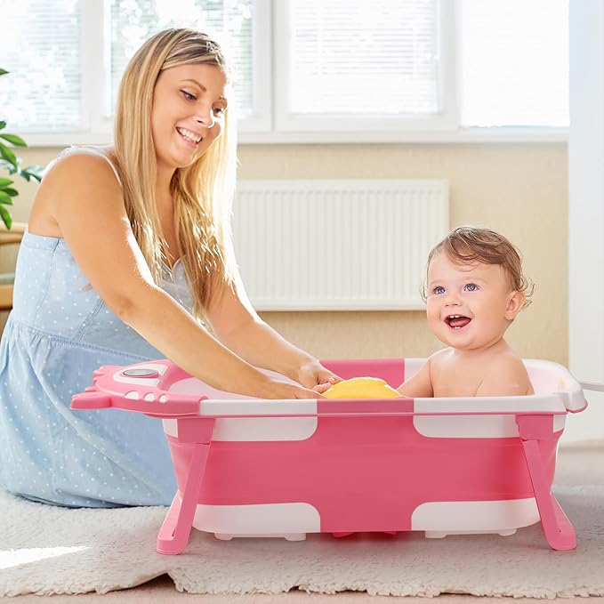 Baby Bathtub,Collapsible Baby Bath Tub with Thermometer & Soft Floating Cushion,Portable Travel Baby Bathtubs for Newborns to Toddlers 0-36 Months(Crab Gray)
