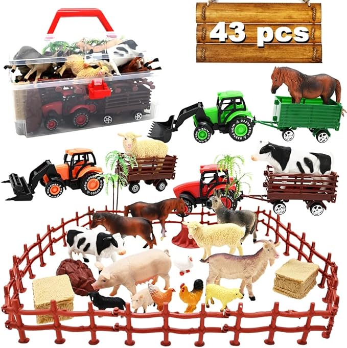 Kimicare 3 Pack Farm Toy Tractor with 40pcs Plastic Farm Animals Figurines and Fence Farm Playset, Farm Figures Farmer Vehicle Toy Truck with Trailer for 3-12 Years Old Kids Boys Girls Toddlers