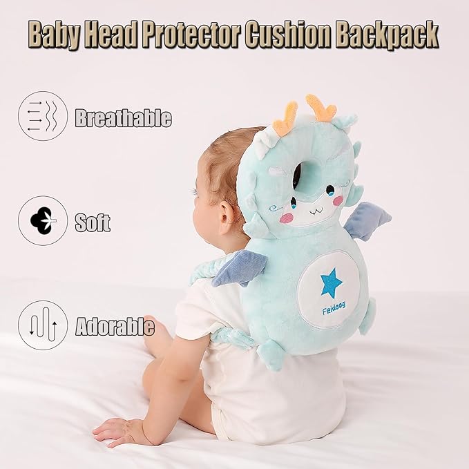 Feidoog Baby Head Protector Cushion Backpack with 3 Knee Pads for Walking & Crawling,Blue Dragon