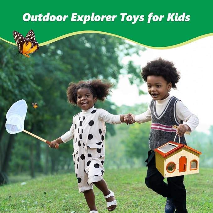 Kids Explorer Kit & Bug Catcher for Kids, Outdoor Toys with Large Portable Wooden Bug Habitat, Butterfly Net, Magnifier, Observation Cup, 15 Insect Cards for Toddler 3-8 Year Old Boy Gift