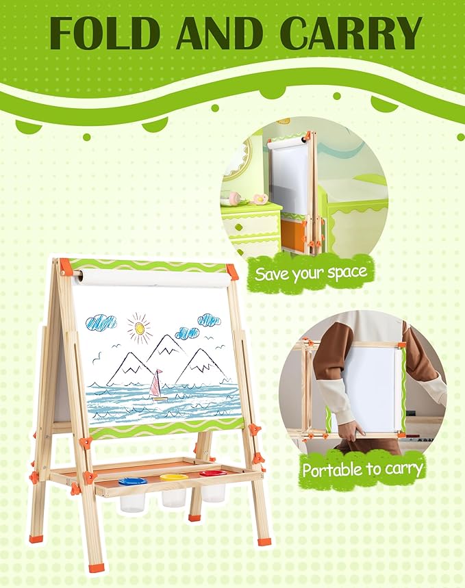 Kids Easel 3-1 Adjustable Art Easel Wooden Drawing Board Double-Sided with Magnetic Whiteboard & Chalkboard for Ages 3-8, Foldable Design Includes Paper Roll