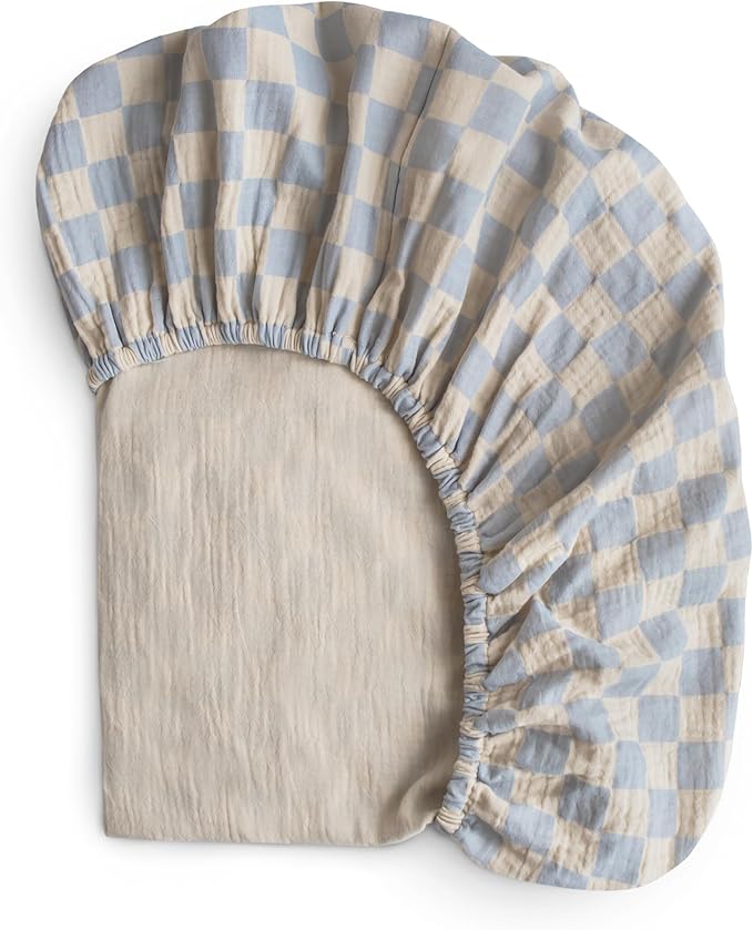 mushie Extra Soft Muslin Fitted Crib Sheet | 192 Thread Count | 28"x 52" (Blue Check)