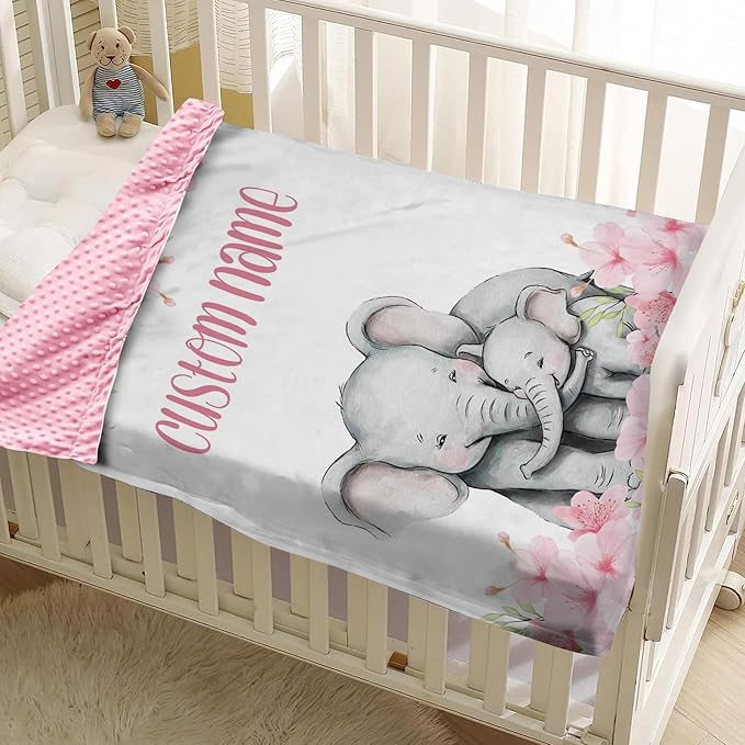 Custom Name Baby Blanket for Girls, Personalized Flannel Blanket with Dotted Backing, Soft and Cozy Swaddle Blanket for Infants and Toddlers, Elephant Love Theme