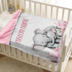 Custom Name Baby Blanket for Girls, Personalized Flannel Blanket with Dotted Backing, Soft and Cozy Swaddle Blanket for Infants and Toddlers, Elephant Love Theme