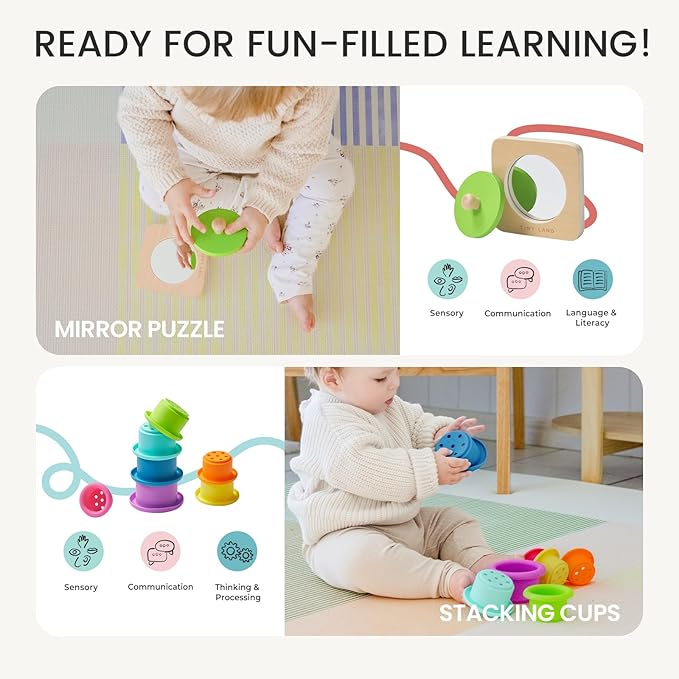 Tiny Land Montessori Toy Set for Babies 7-9 Months Senser Play Kit - 5-in-1 Wooden Learning Toys with Object Permanence Box, Sensory Ball, Stacking Cups and Mirror Puzzle,Body Board Book