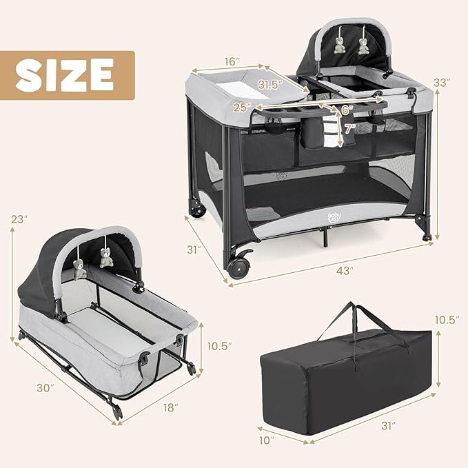 BABY JOY 4 in 1 Pack and Play, Portable Baby Playard with Bassinet & Diaper Changing Table, Infant Bassinet Baby Crib Activity Center with Toys & Oxford Bag from Newborn to Toddlers (Dark, Classic)