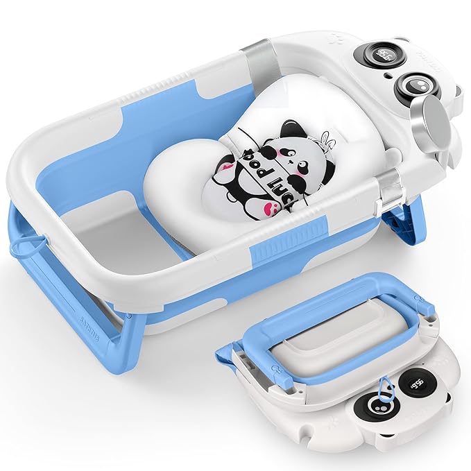 Foldable Baby Bathtub, Lightweight Bathtub for Infants to Toddlers with Soft Cushion & Thermometer, Portable Baby Tub Newborn to Toddler 0-24 Months(Blue)