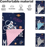 Custom Name Baby Blanket – Plush Flannel Receiving Swaddle with Double-Layer Dotted Backing – Astronauts and Blue Space Theme for Infants and Toddlers