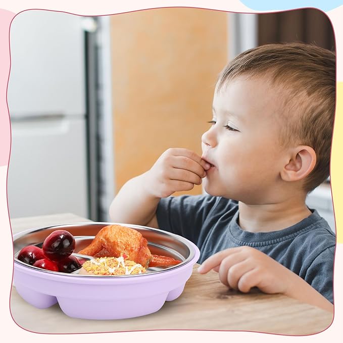 Nuogo 4 Pcs Stainless Steel Baby Suction Plates with Removable Silicone Shell 2-in-1 Metal Toddler Bowl Divided for Picky Eaters Kid Feeding Led Weaning Supply, Dishwasher Safe (Macaron Series)