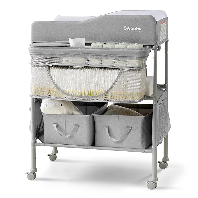 Sweeby Portable Baby Changing Table, Foldable Changing Table Dresser Changing Station for Infant, Waterproof Diaper Changing Table Pad Topper, Mobile Nursery Organizer for Newborn Essentials,LightGrey