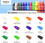Nicpro 12 Colors Washable Finger Paint Set for Toddlers (2 oz), Non-Toxic & Baby Safe Paint for Hand and Feet, Mess Free Finger Painting Art Supplies for Kids Age 1-3 4 5 6+, Preschool Learning Gifts