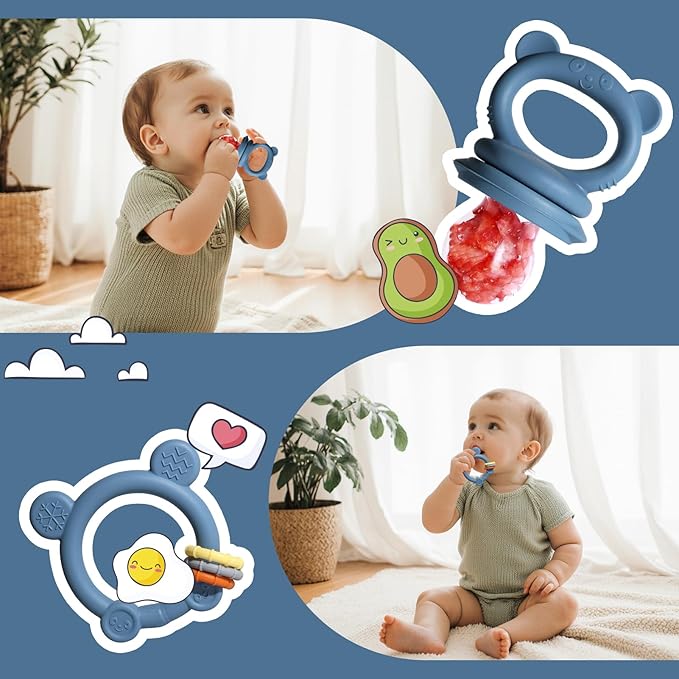 Baby Fruit Food Feeder & Breastmilk Popsicle Molds for Teething Relief, Baby Feeding Sets, 1 Freezer Tray with Lid & 1 Teether Toy & 1 Silicone Teething Pacifier Feeder, Extra Food Pouches (Blue)
