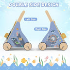 Ocean-Themed Wooden Baby Walker with Activity Center, Montessori Push Walker Toy for Babies 18 Months, Safe First Steps Baby Walking Aid for Boys & Girls