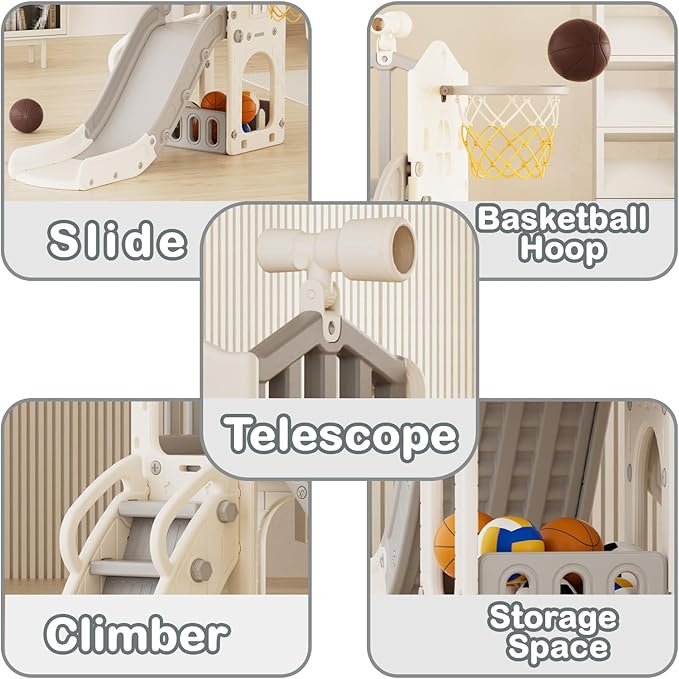 YUFU 5 in 1 Toddler Slide, Kids Slide with Climber, Basketball Hoop and Ball, Outdoor Indoor Playset for Toddlers Age 1-3 (Beige+Gray)