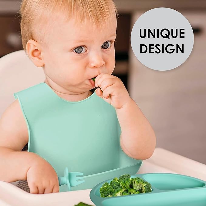 Bluet B - Silicone Baby Feeding Set - Baby Led Weaning Supplies - Baby Spoons, Suction Bowl - Plate - Baby Utensils - Silicone Feeding Set for Baby First Foods, Infant Eating - 8pcs - Green