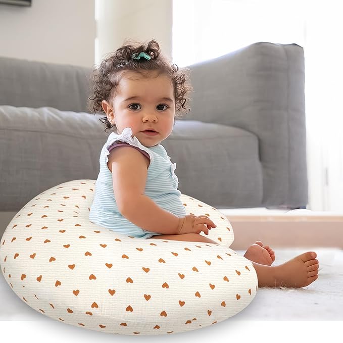 Hooyax Muslin Nursing Pillow Cover, Feeding Pillow Slipcover for Breastfeeding Moms, Soft and Breathable Infant Pillow Cover for Baby Boy and Girls (Heart)