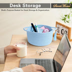 Empty Gift Basket Mini Woven Rope Organizer Baskets for Baby Shower, Vanity, Makeup Brushes, Bathroom, Shelves, Desk - Small Decorative Storage Bins - Set of 2, Pre-Shaped, Soft Blue