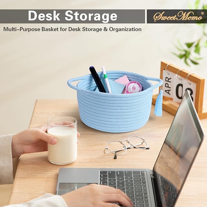 Empty Gift Basket Mini Woven Rope Organizer Baskets for Baby Shower, Vanity, Makeup Brushes, Bathroom, Shelves, Desk - Small Decorative Storage Bins - Set of 2, Pre-Shaped, Soft Blue