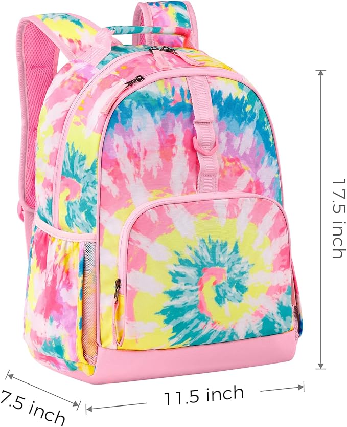 Choco Mocha Tie Dye Backpack for Girls, Elementary School Backpack for Girls Ages 6-8 Kids Kindergarten Backpack Bookbag 17 Inch with Chest Strap, Colorful