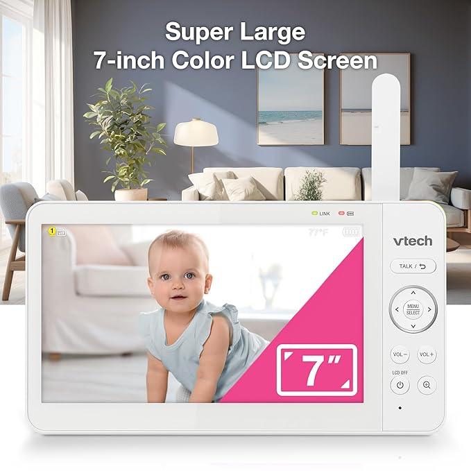 VTech Video Baby Monitor with 7" Color LCD Screen, Rechargeable Battery, Video Streaming, Audio Streaming, Pan-Tilt-Zoom, Touch Multi-Color Night Light, Two-Way Talk, Long Range: Advanced Max Blue