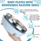 Nuogo 1 Pcs Stainless Steel Baby Suction Plates with Removable Silicone Shell 2-in-1 Metal Toddler Bowl Divided for Picky Eaters Kids Feeding Led Weaning Supplies, Dishwasher Safe (Light Blue)