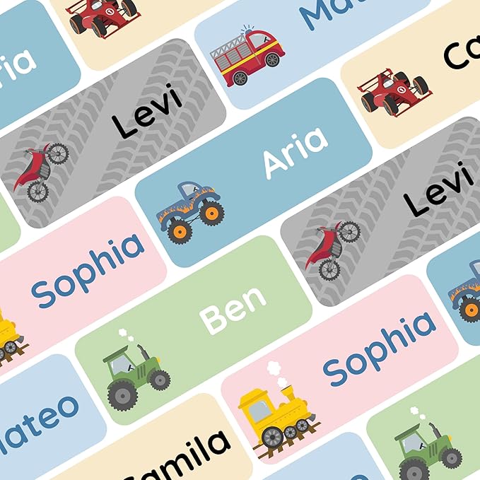 Personalized Name Labels for Kids (180) – Custom Waterproof & Durable Stickers for Clothing, Daycare, Office & School Supplies - Motor