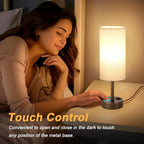 Bedside Touch Table Lamps for Bedroom Nightstand with USB-C USB-A Charging Ports, White & Brown 3 Way Dimmable Small Desk Lamp for Office, Living Room, Reading, Dorm