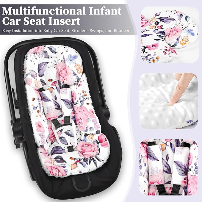 Pea Pod Infant Car Seat Insert with 3 Strap Covers, 3 in 1 Reversible Floral Baby Car Seat Head Support for Newborn, 3D Soft Minky Carseat Cushion for Preemie to Infant, Stroller, Swing, Bouncer