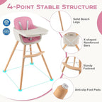 BABY JOY Convertible Baby High Chair, 3 in 1 Wooden Highchair/Booster/Chair with Removable Tray, Adjustable Legs, 5-Point Harness, PU Cushion and Footrest for Baby, Infants, Toddlers (Pink)