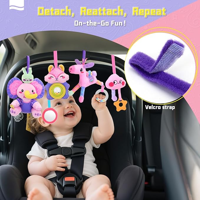 Musical Car Seat Toy for Babies 0-12 Months Girl, 5-in-1 Sensory Activity Hanging Toy Stroller Toy with Soothing Music, Rattle, Mirror for Newborn Infants Essential Gifts, Unicorn