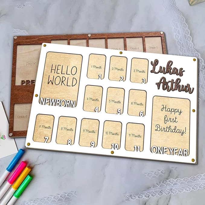 Personalized My First Year Photo Frame | 12 Months Picture Frame For Baby First Year | Displays Two 4x6 Photo and Eleven 2x3 Pictures | Birthday Party Decor Newborn Memory Keepsake, Style MP1