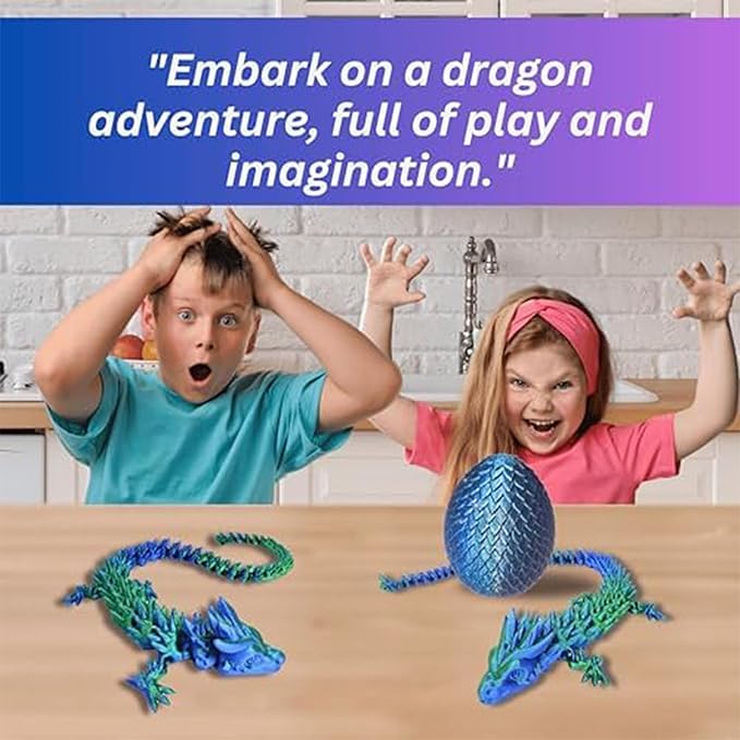 Articulated Dragon With Egg - 20" - Blue/Green With Blue Egg - 3D Printed Dragon With Egg - Fidget Dragon Egg & 3D Dragon - Toy Dragon Eggs With Figures - Fidget Toys