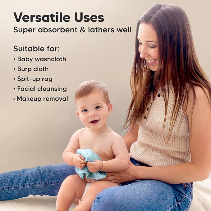 6-Pack Baby Washcloths - Soft Absorbent Viscose from Bamboo Wash Cloths for Babies, Kids, Toddlers, Infant, Newborn Bath Towels, Gentle on Sensitive Skin, 10x10 Reusable Face Towels (Mellow)