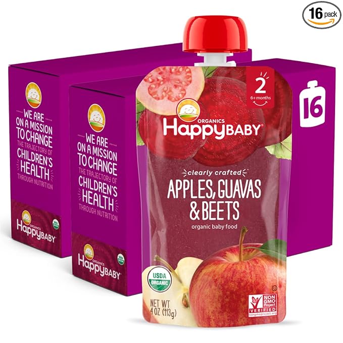 Happy Baby Organics Stage 2 Baby Food Pouches, Gluten Free, Vegan & Healthy Snack, Clearly Crafted Fruit & Veggie Puree, Apples, Guavas & Beets, 4 Ounces (Pack of 16)