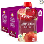Happy Baby Organics Stage 2 Baby Food Pouches, Gluten Free, Vegan & Healthy Snack, Clearly Crafted Fruit & Veggie Puree, Apples, Guavas & Beets, 4 Ounces (Pack of 16)