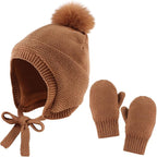 Basic Winter Baby Beanie Gloves Boys Girls Knitted Hat Pompom Kids Earflap Hats Warm Infant Toddler Beanie Mittens Set