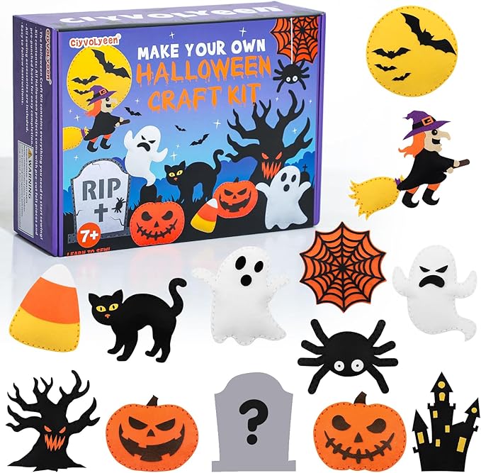 CiyvoLyeen Halloween Craft Kit Kids DIY Crafting and Sewing Set HalloweenStuffed Animal Felt Plushie for Girls and Boys Educational Beginners Sewing Set Sewing Kits for Kids Age 8 9 10 11 12
