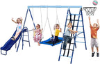 600lbs 6-in-1 Kids Swing Set, Backyard Playset with Belt & Platform Swings, Slide, Climbing Net, Basketball Hoop, Heavy-Duty A-Frame Metal Stand & 6 Anti-Tilt Stakes, Outdoor Gym for Ages 4-12