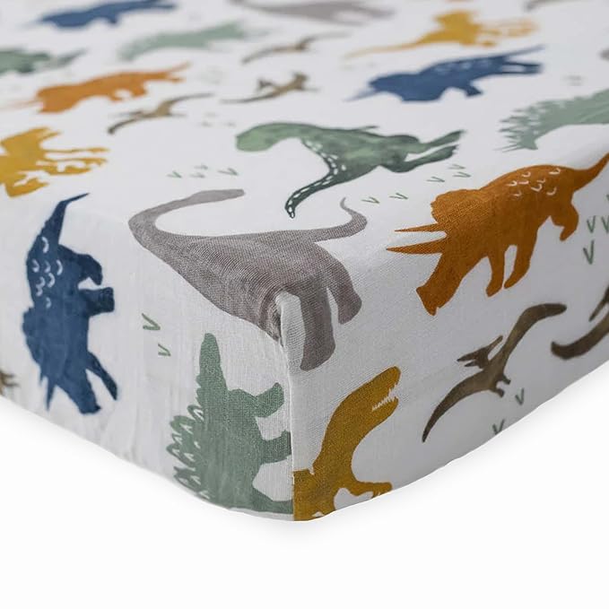 Little Unicorn Premium Crib Sheet | Breathable & Super-Soft Muslin Fabric (Dino Friends)