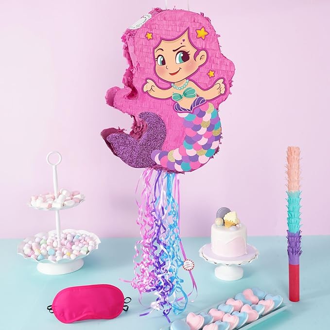 WERNNSAI Foldable Mermaid Pinata - Pull String Mermaid Birthday Party Supplies Extendable Mermaid with Blindfold Bat and Tassels Mermaid Party Decoration Folding Mermaid Girl Piñatas for Game