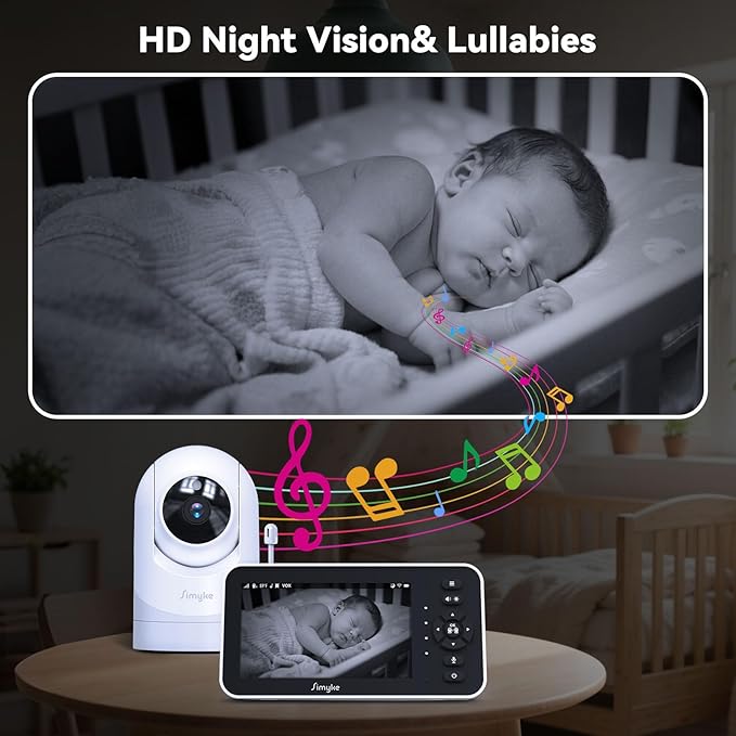 Video Baby Monitor with Camera and Audio,5'' Screen,720P,No Wifi or Free App Mode,Pan-Tilt-Zoom,Lullabies,Feeding Remind,Night Vision,VOX/ECO,2-Way Talk,1500ft Long Range,Easy Setup,30H Battery