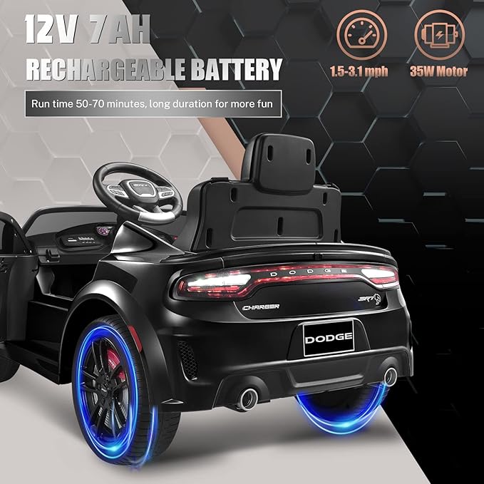 12V 7Ah Kids Electric Ride on Car, Licensed Dodge Charger SRT Hellcat, Battery Powered 4-Wheels Toy Car Electric Vehicle for Kids with Remote Control, 3 Speeds, LED Lights, Music (Black)