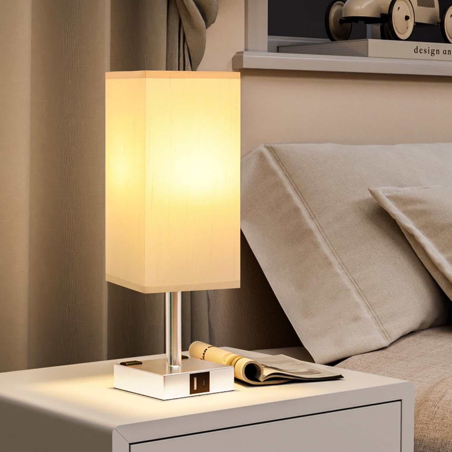 Touch Bedside Table Lamp for Nightstand - 3-Way Dimmable Night Lamp with USB A + Type C Charging Ports and Two AC Outlets, Small Desk Light with E26 LED Bulb for Bedroom Living Room Dorm Office